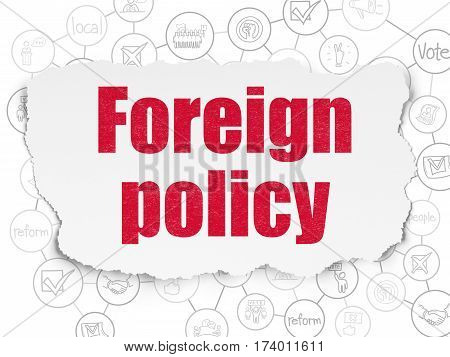 Politics concept: Painted red text Foreign Policy on Torn Paper background with Scheme Of Hand Drawn Politics Icons