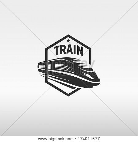 Isolated monochrome modern gravure style train in frame logo on white background vector illustration.