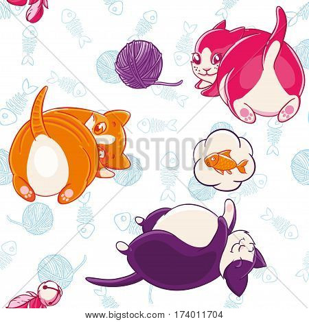 Seamless pattern with funny pussycats on a background of skein of yarn and fish bones. Textiles, Wallpaper, kids decor.
