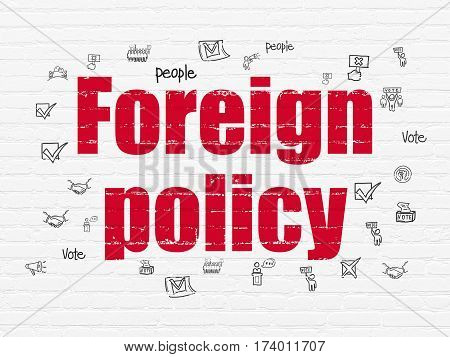 Politics concept: Painted red text Foreign Policy on White Brick wall background with  Hand Drawn Politics Icons