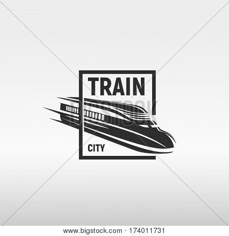 Isolated monochrome modern gravure style train in frame logo on white background vector illustration.
