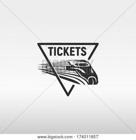 Isolated monochrome modern gravure style train in frame logo on white background vector illustration.
