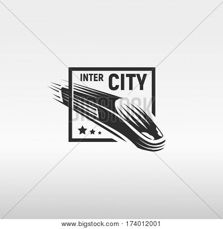Isolated monochrome modern gravure style train in frame logo on white background vector illustration.
