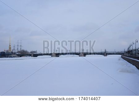 Winter Day Small Nevka and Makarova Embankment in St. Petersburg