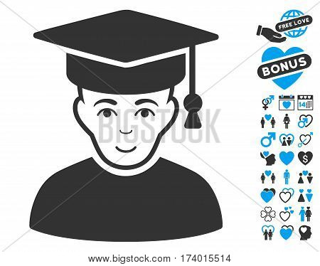 Professor icon with bonus amour pictures. Vector illustration style is flat iconic blue and gray symbols on white background.
