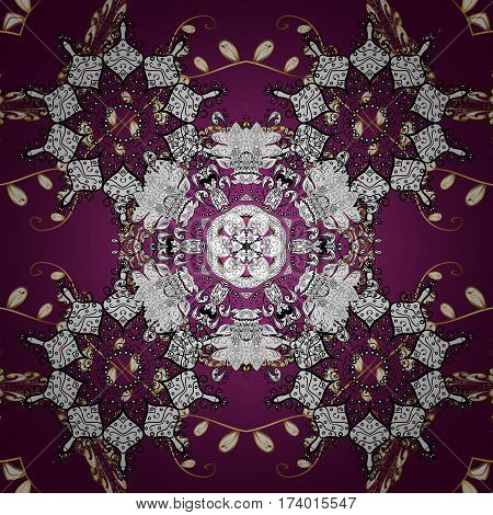 Christmas Snowflake New Year. Golden Pattern On Purple Background With Golden Elements. Seamless Vin