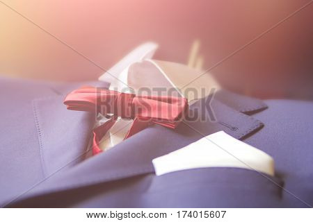 wedding blue suit with red butterfly tie