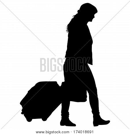 Black silhouettes travelers with suitcases on white background. Vector illustration.