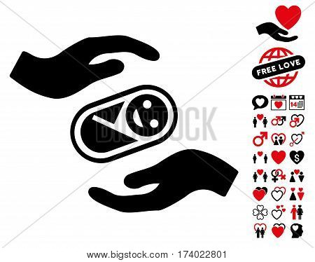 Newborn Care Hands pictograph with bonus love pictures. Vector illustration style is flat iconic intensive red and black symbols on white background.