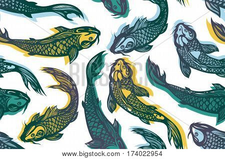 Seamless pattern with koi carp fish. Pond. Background in the Chinese style. Hand drawn. Vector illustration.