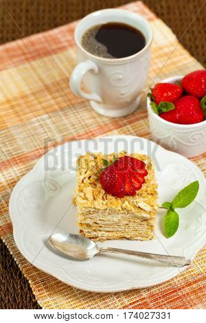 Puff Pastry Flaky Pastry Layers Cake. Selective focus.
