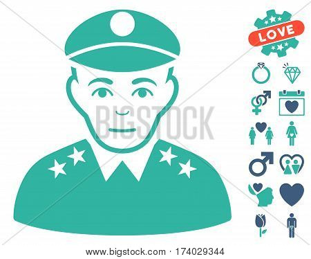Army General icon with bonus valentine graphic icons. Vector illustration style is flat iconic cobalt and cyan symbols on white background.