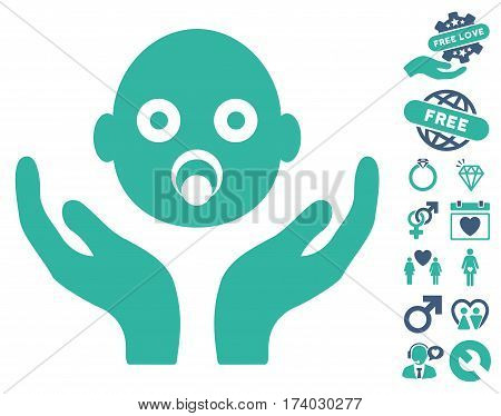 Baby Care Hands icon with bonus lovely clip art. Vector illustration style is flat iconic cobalt and cyan symbols on white background.