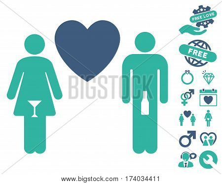 Drunky Love Pair pictograph with bonus love design elements. Vector illustration style is flat iconic cobalt and cyan symbols on white background.