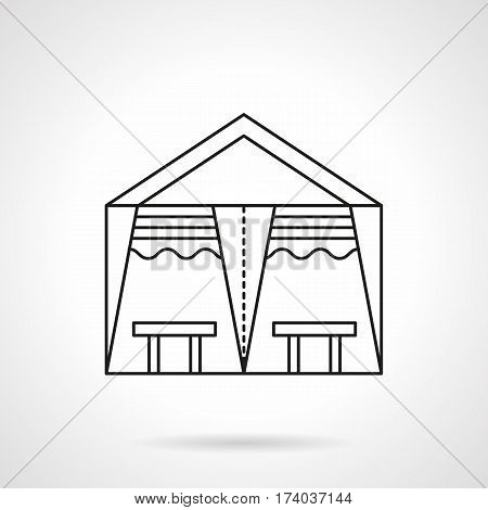 Symbol of tent with tables. Folding marquee for banquet or other entertainment event. Flat black line vector icon.