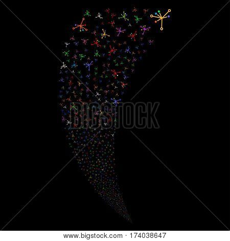 Big Bang random fireworks stream. Vector illustration style is flat bright multicolored iconic symbols on a black background. Object fountain created from scattered design elements.