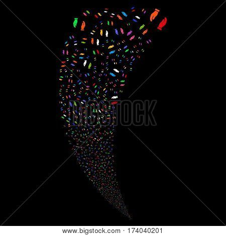 Care Hands random fireworks stream. Vector illustration style is flat bright multicolored iconic symbols on a black background. Object fountain organized from scattered symbols.
