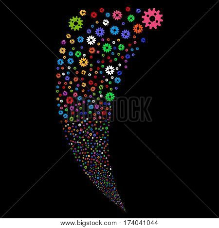 Cogwheel random fireworks stream. Vector illustration style is flat bright multicolored iconic symbols on a black background. Object fountain done from scattered pictographs.
