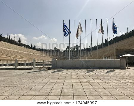 ATHENS - FEBRUARY 28, 2017: The Panathenaic Stadium, also known as Kallimarmaro, hosted the first modern Olympic Games in 1896 and is the world's only white marble stadium in Athens, Greece.