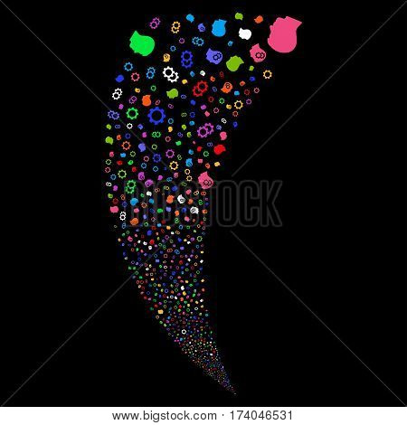 Intellect Gears random fireworks stream. Vector illustration style is flat bright multicolored iconic symbols on a black background. Object fountain created from scattered icons.