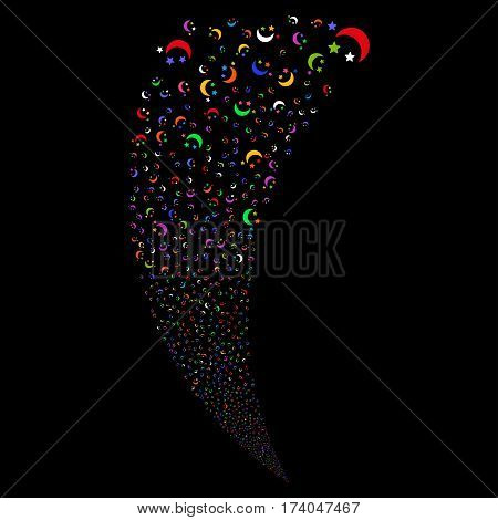 Moon Stars random fireworks stream. Vector illustration style is flat bright multicolored iconic symbols on a black background. Object fountain combined from scattered icons.