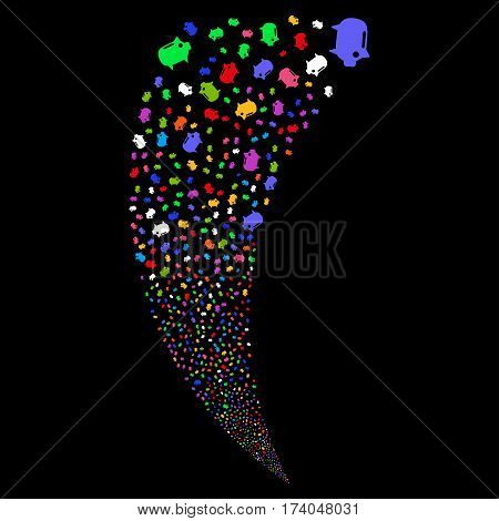 Piggy Bank random fireworks stream. Vector illustration style is flat bright multicolored iconic symbols on a black background. Object fountain combined from scattered icons.