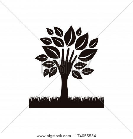 black tree with leaves and grass icon, vector illustraction design