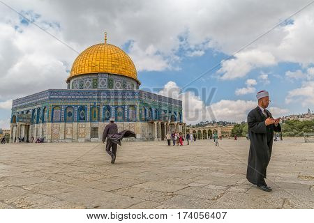 JERUSALEM, ISRAEL - MAY 23, 2016: Visitors at the Dome of the Rock, Islamic shrine located on the Temple Mount in the Old City.