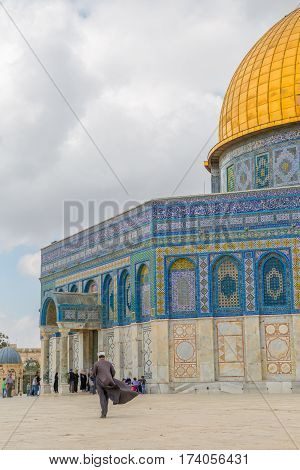 JERUSALEM, ISRAEL - MAY 23, 2016: Visitors at the Dome of the Rock, Islamic shrine located on the Temple Mount in the Old City.