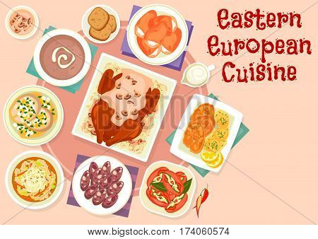 Eastern european cuisine festive dishes icon of sausages stuffed with pickles, fried and boiled fish, beef tripe soup, baked duck with mushroom sauce, rye bread soup, pork head cheese, bun with cheese