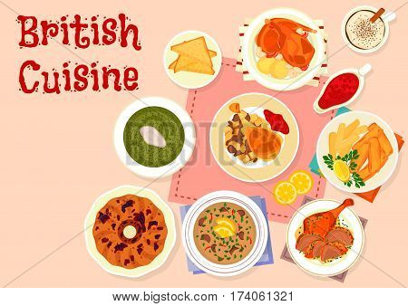 British cuisine traditional dinner menu icon of baked turkey with cranberry sauce, fried fish and potato, baked rabbit, duck with mint sauce, beef kidney soup, raisins cake, sorrel cream soup