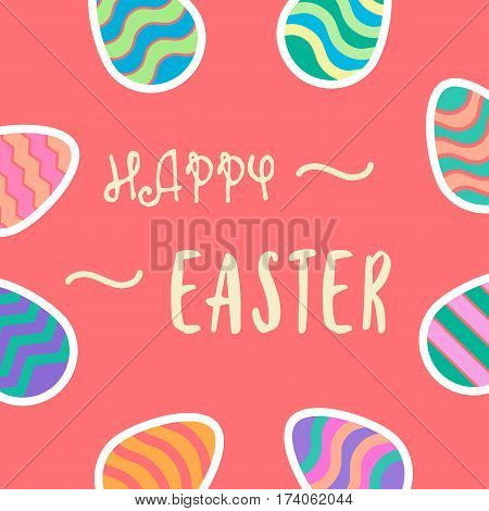 happy easter typography text with colorful easter eggs background,vector Illustration EPS10