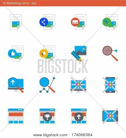 Set of vector eps icons showing marketing, advertising and internet promotion in material design style
