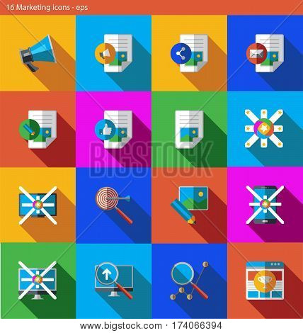 Set of vector eps icons showing marketing, advertising and internet promotion in flat style with shadow