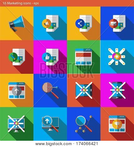 Set of vector eps icons showing marketing, advertising and internet promotion in flat style with shadow