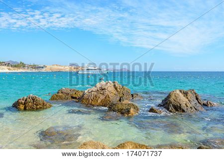 Playa el Chileno Beach, Cabo San Lucas, Mexico. Fantastic ocean view. Rocky and sandy beach.