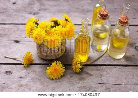 Fresh yellow flowers tussilago in mortar on wooden background. Wellness setting. Selective focus.