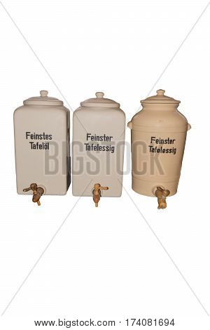 Ceramic containers with inscription in German Finest cooking oil Finest table vinegar and table mustard
