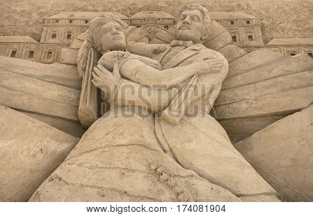 Jesolo Italy July 19 2016: sand sculptures exhibition in Jesolo (VE) ITALY. Theme of the show: the European capitals.
