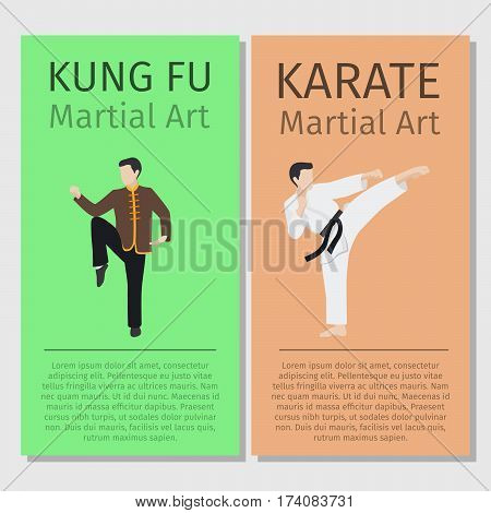 Asian martial arts vector flyers set. Kung fu and Karate man characters illustration