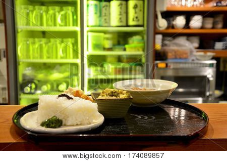 Food set japanese style for sale in local restaurant at Higashimuki Shopping Street in Nara Japan