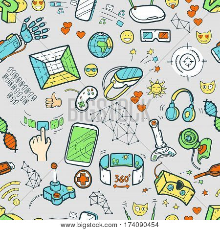 Doodle vector seamless pattern with virtual reality and innovative technologies. Hand drawn objects: computer, internet, gamepad, smartphone, joystick, vr-device, 3d-glasses, emoji. Cute style.