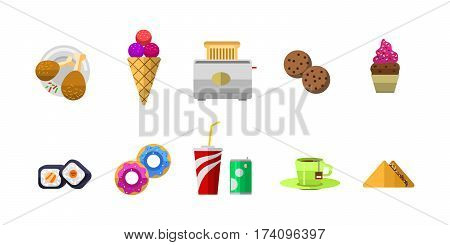 Vector icons sweet fast food elements. Restaurant breakfast menu isolated symbols. Cake design kitchen beverage dinner and dessert different meal.