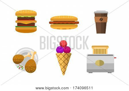 Vector icons sweet fast food elements. Restaurant breakfast menu isolated symbols. Cake design kitchen beverage dinner and dessert different meal.