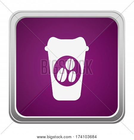 violet square button relief with silhouette glass disposable for hot drinks with lid vector illustration