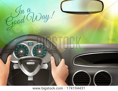 Driving car colored background with human hands steering wheel and sunset outside windscreen realistic vector illustration