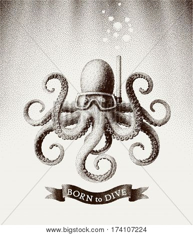 Octopus wearing a mask for diving under water. Vector illustration in style of vintage etchings. Eps8. RGB Global colors