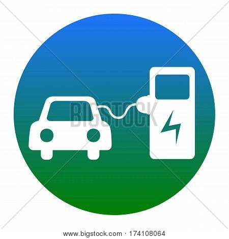 Electric car battery charging sign. Vector. White icon in bluish circle on white background. Isolated.