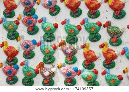 CHAMAREL, MAURITIUS - DECEMBER 02, 2012: View to the dodo bird magnets at a souvenir stall in Chamarel, Mauritius.