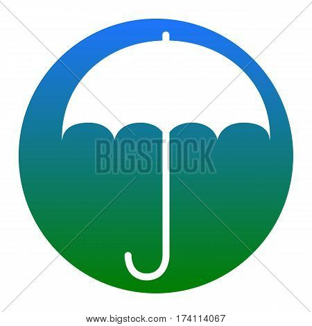 Umbrella sign icon. Rain protection symbol. Flat design style. Vector. White icon in bluish circle on white background. Isolated.